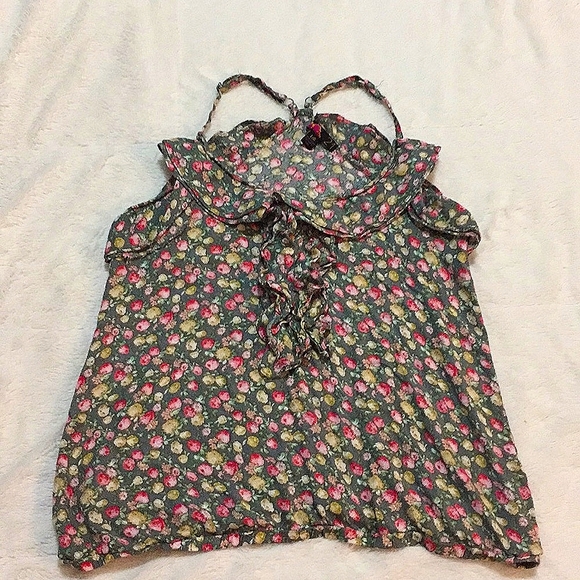 Floral Ruffle Racerback Tank Top Rayon Blouse Casual Flowers Spaghetti Strap - Picture 1 of 8